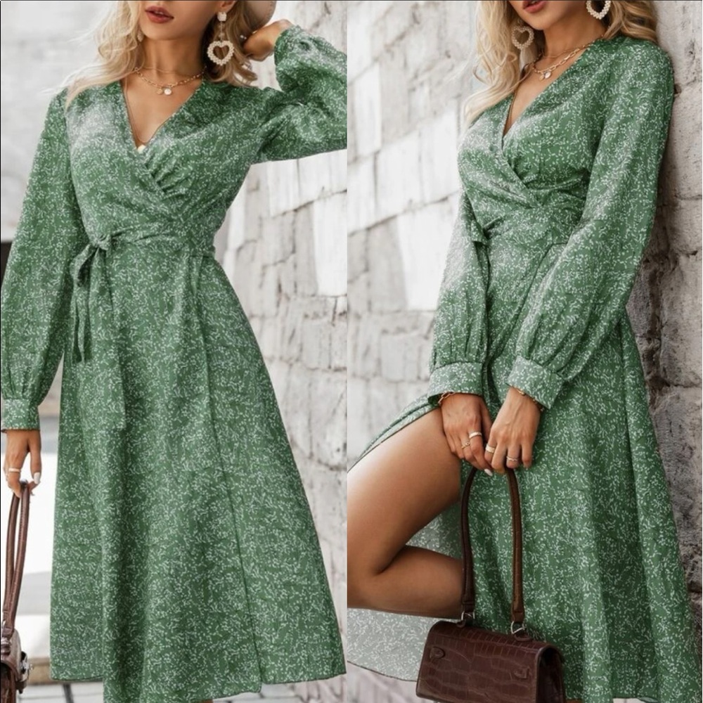 Boho green floral print wide knot wrap dress - Picture 1 of 8
